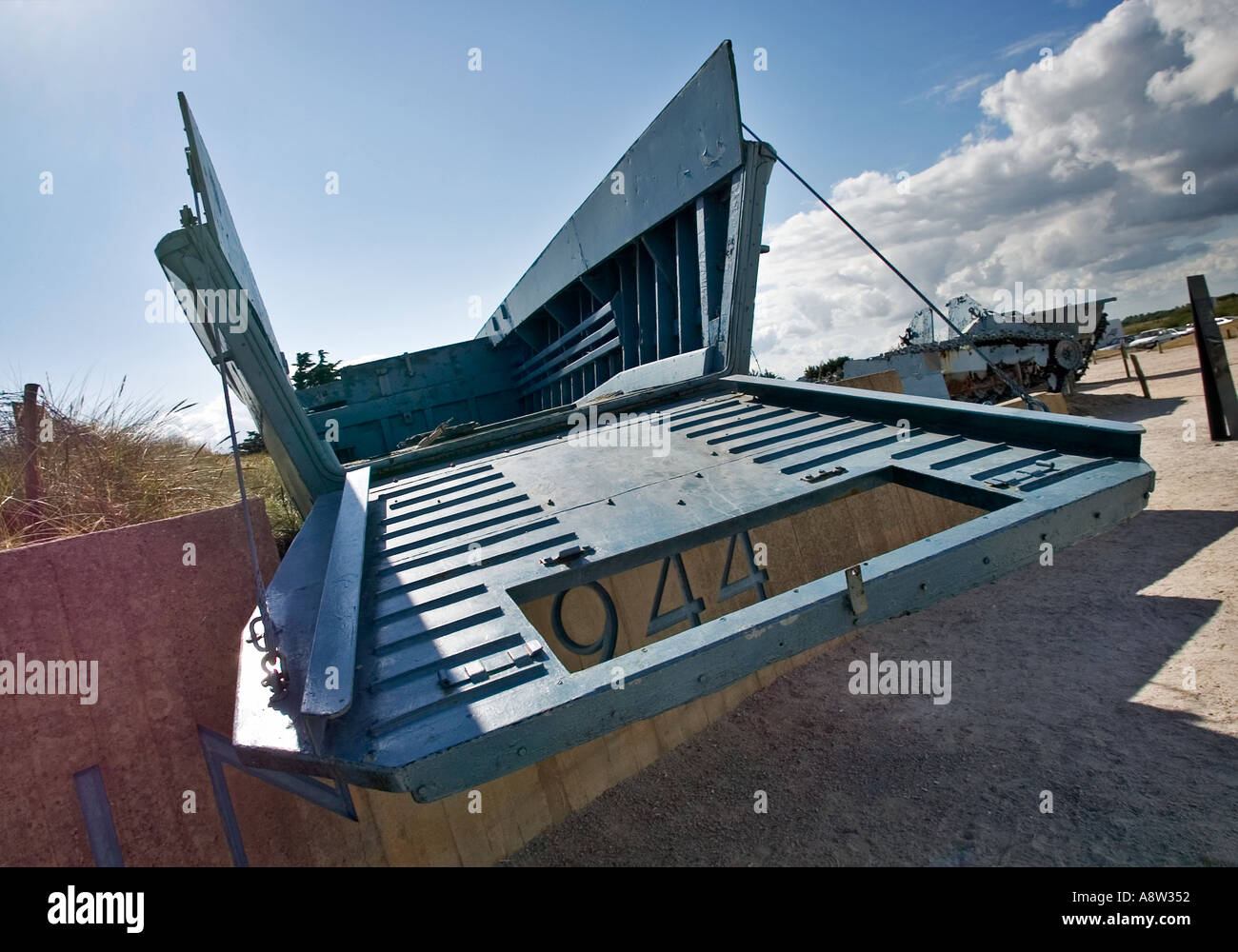 US Landing craft outside the D-Day museum on Utah Beach, Normandy, France Stock Photo