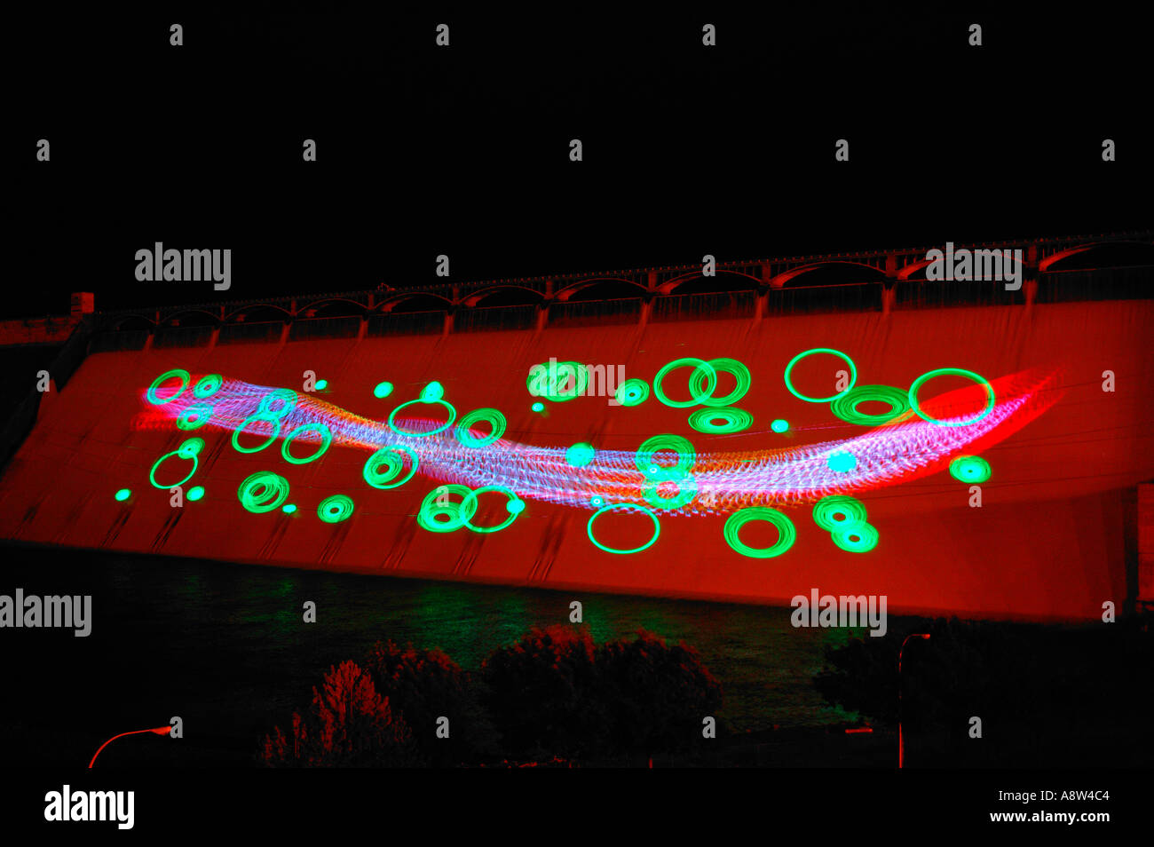 Night laser show on the face of the Grand Coulee Dam Washington Stock