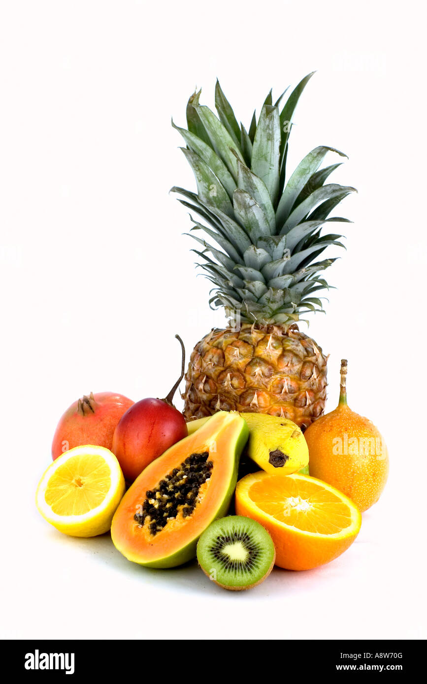 Assorted isolated fruit against white background Stock Photo