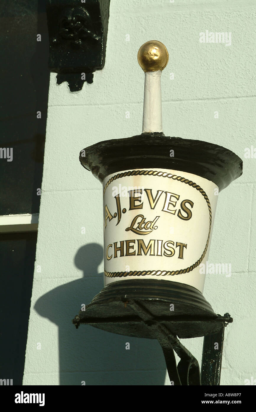 Pestle and Mortar Chemists exterior shop sign, AJ Eves Ltd, Chemist