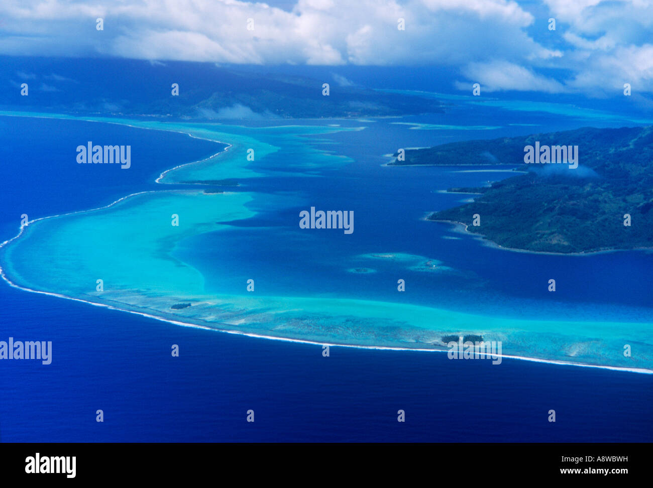 Aerial view of the great reef of Bora Bora Atoll Polynesia Stock Photo