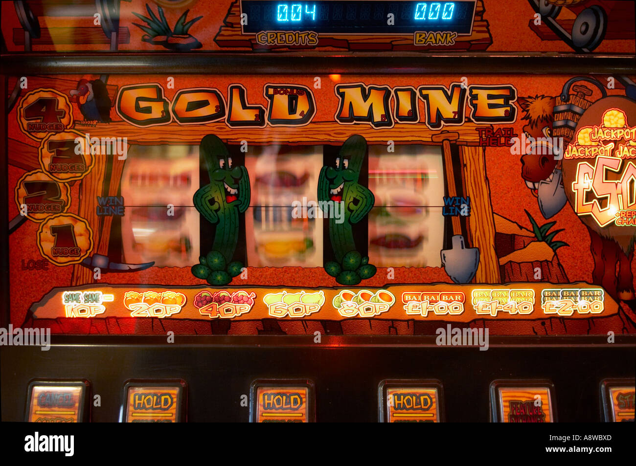 Close up of fruit machine reels spinning Stock Photo