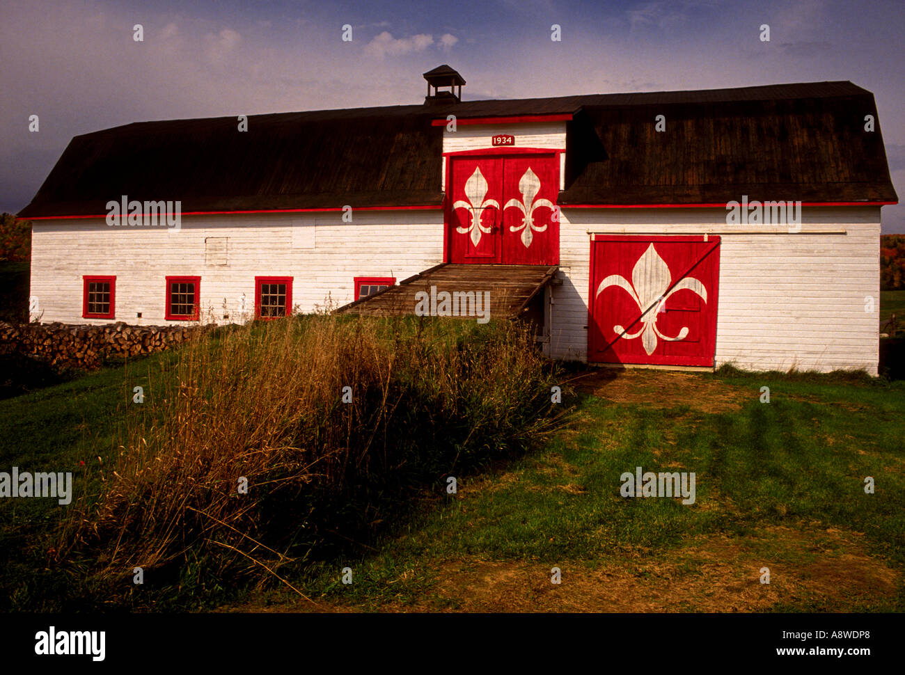 Barn with Fleur de Lys emblem town of Saint Joachim Quebec Province Canada North America Stock Photo