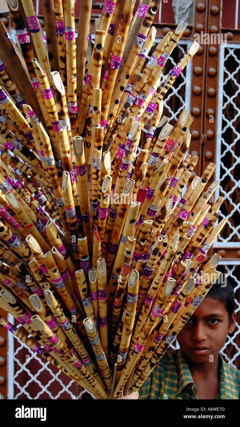 Wind musical instrument Indian flute seller Ujjain Madhya Pradesh India