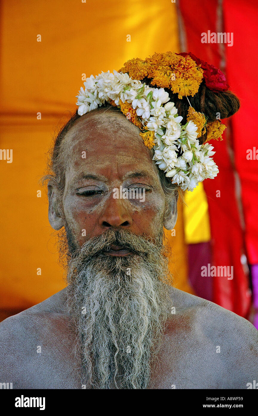 Sub90552 Indian Old Man Priest Sadhu With Flower In Hair And
