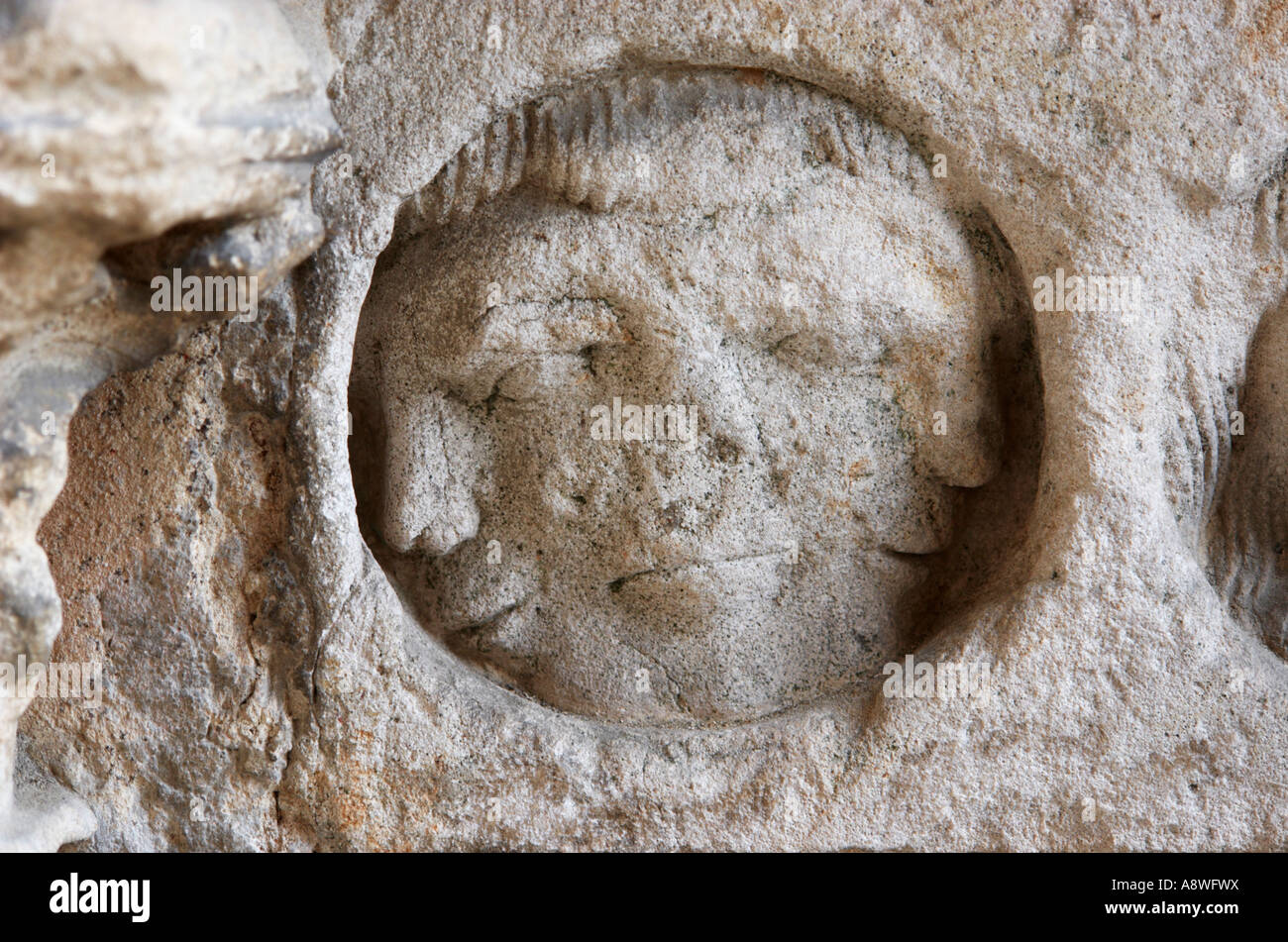 Faces carved into wall at Sees Cathedral Orne Normandy France Stock Photo