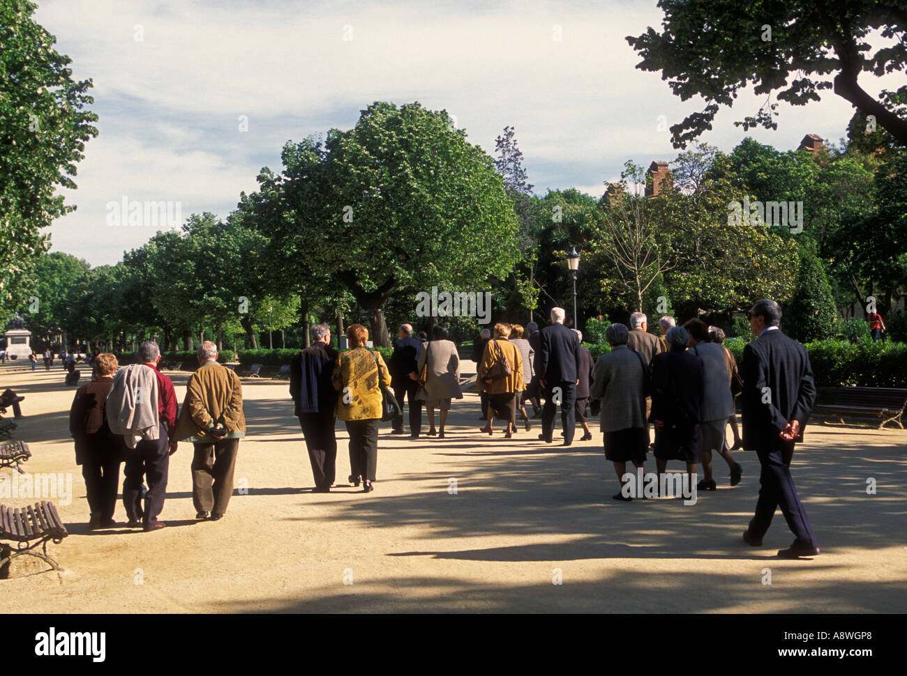 Spaniards, Spanish, mature, senior citizens, men, women, walking in park, Ciutadella Park, Parc de la Ciutadella, Barcelona, Barcelona Province, Spain Stock Photo