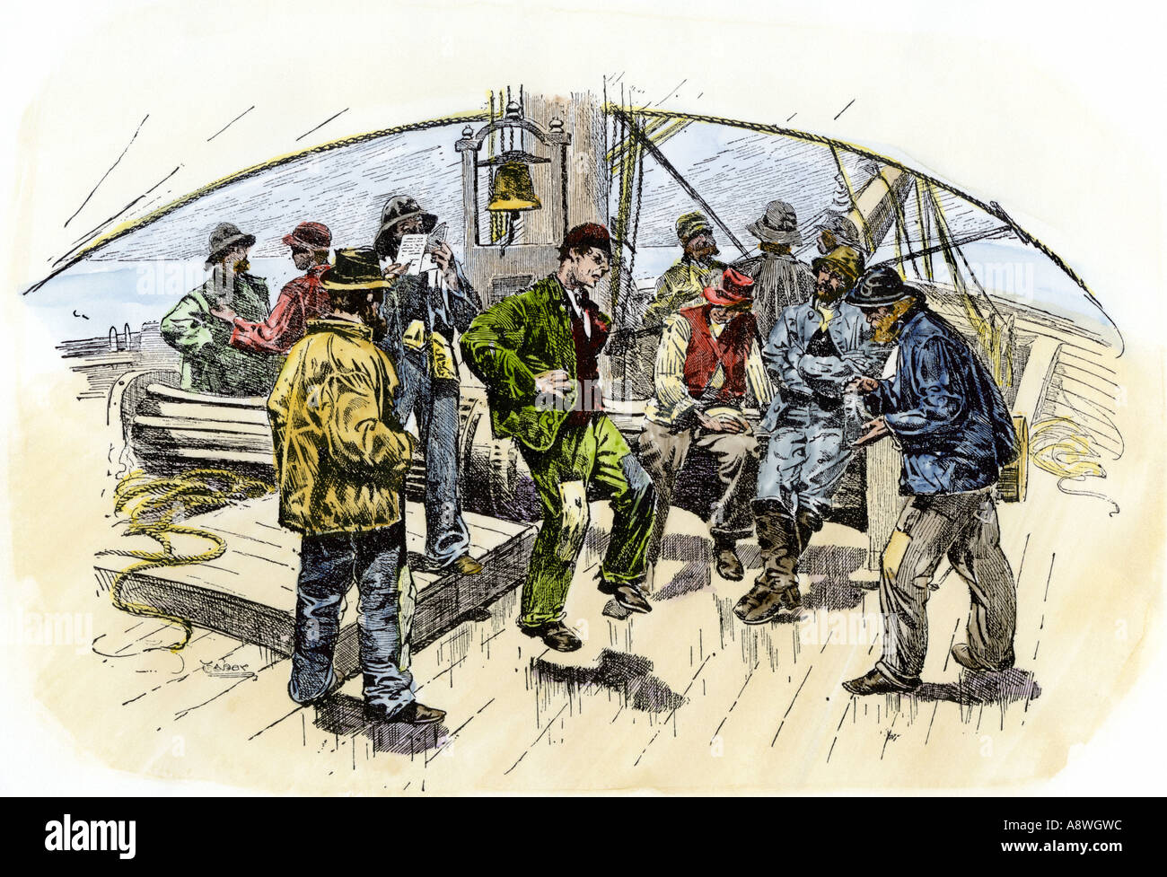 Sailors gamming a time of talking and entertaining each other on a whaling ship 1800s. Hand-colored woodcut Stock Photo