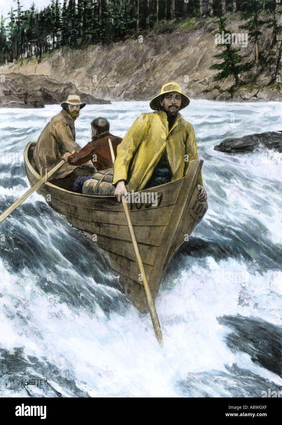 Prospectors risking the  White-Horse rapids of the Yukon River going to the Klondike gold rush 1898. Hand-colored halftone of an illustration Stock Photo