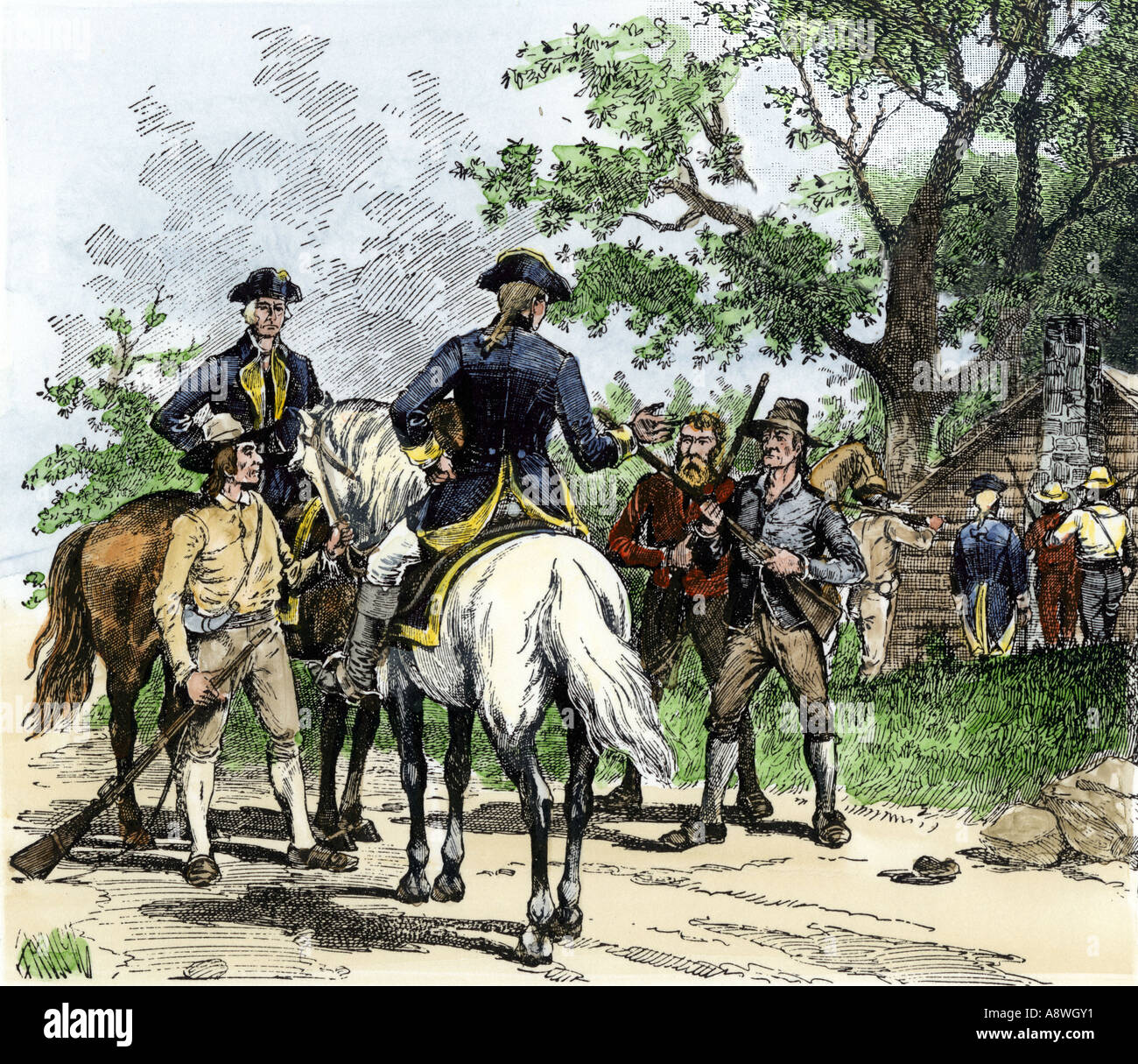 Angry citizens capturing tax collectors during the Whiskey Rebellion after the new federal government was formed 1790s. Hand-colored woodcut Stock Photo