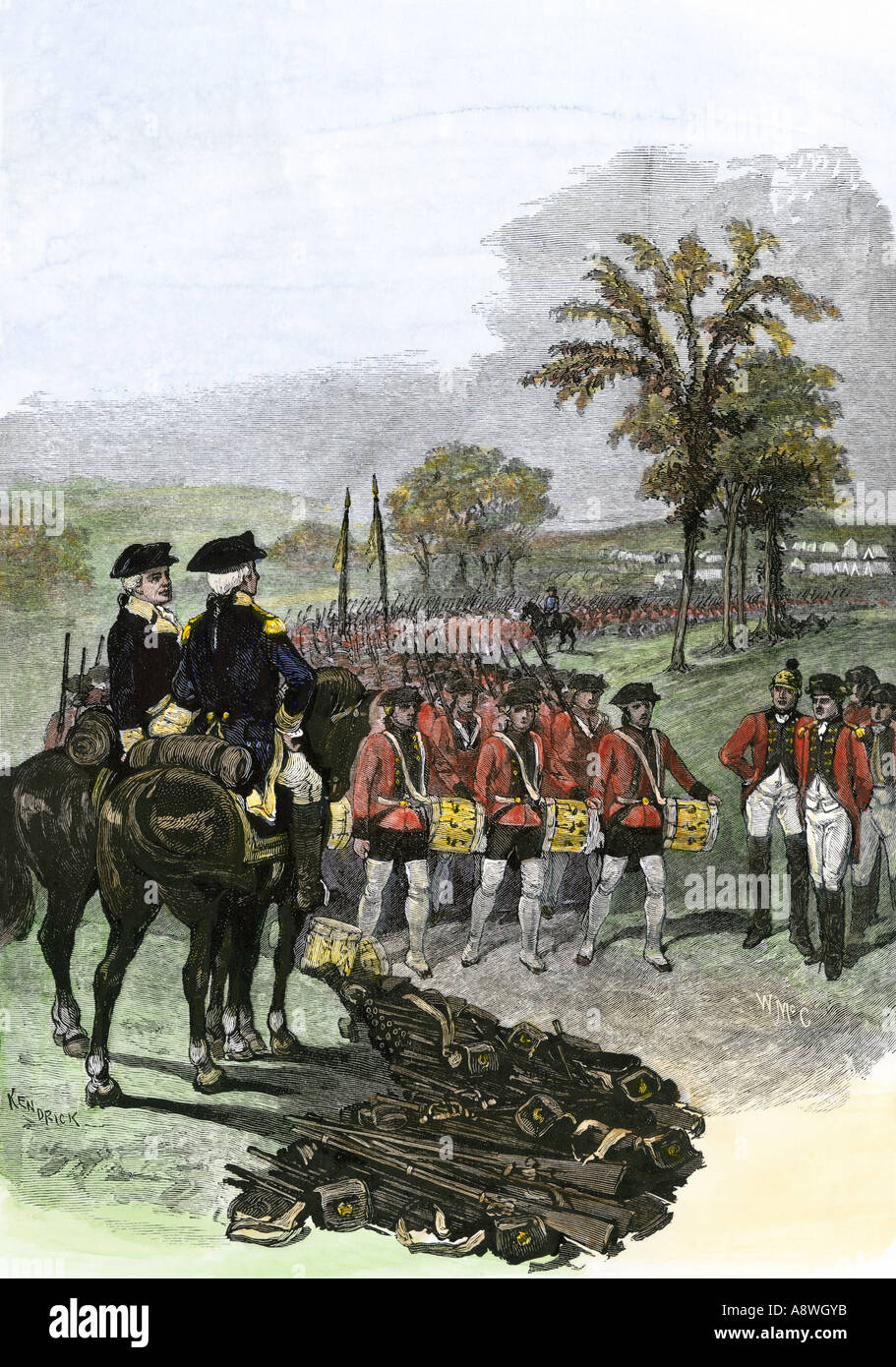 British army surrenders to American General Horatio Gates after the Battle of Saratoga New York 1777. Hand-colored woodcut Stock Photo