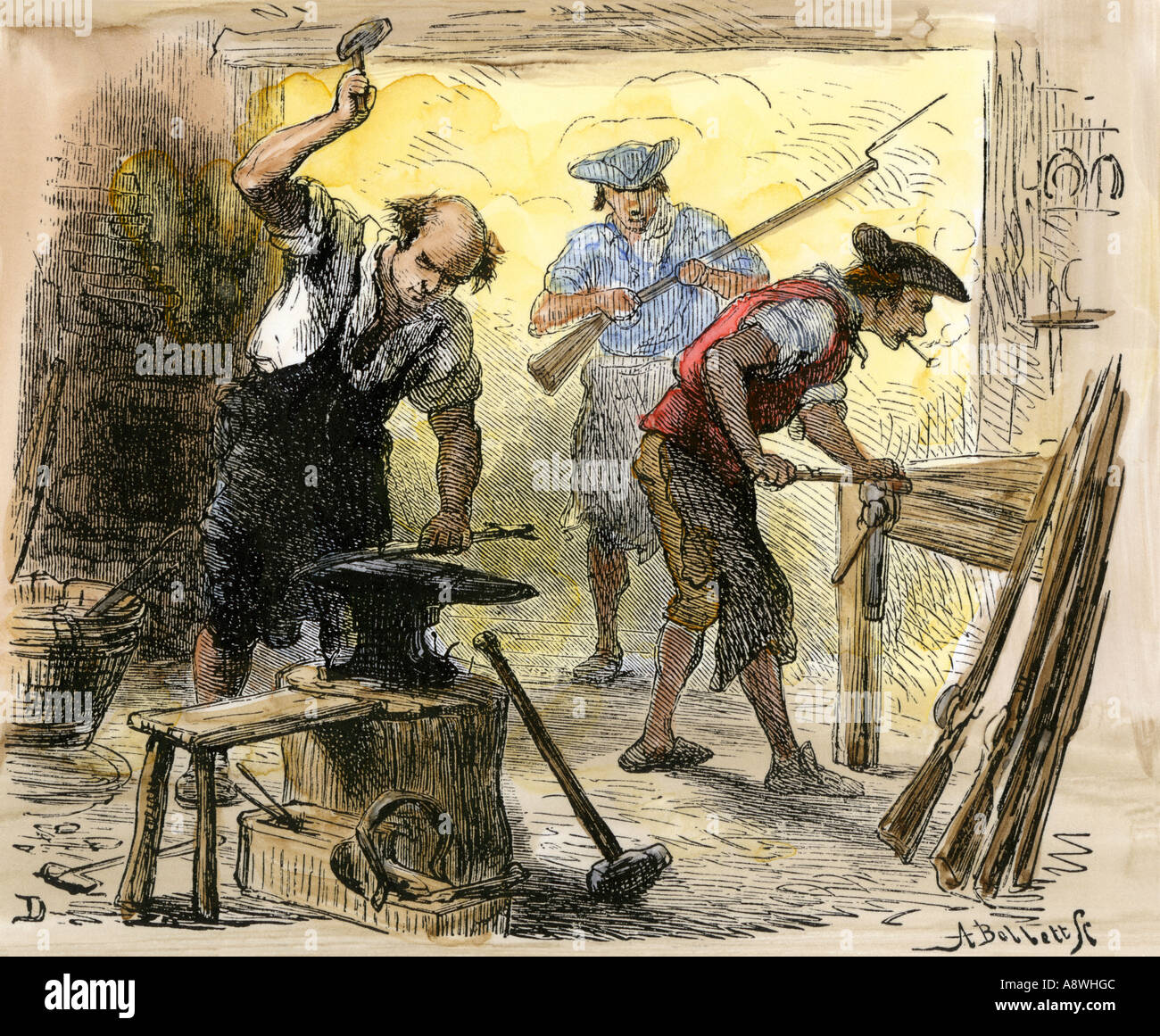 Gunsmiths forging muskets for the Minutemen before the American Revolution 1770s. Hand-colored woodcut of a Darley illustration Stock Photo