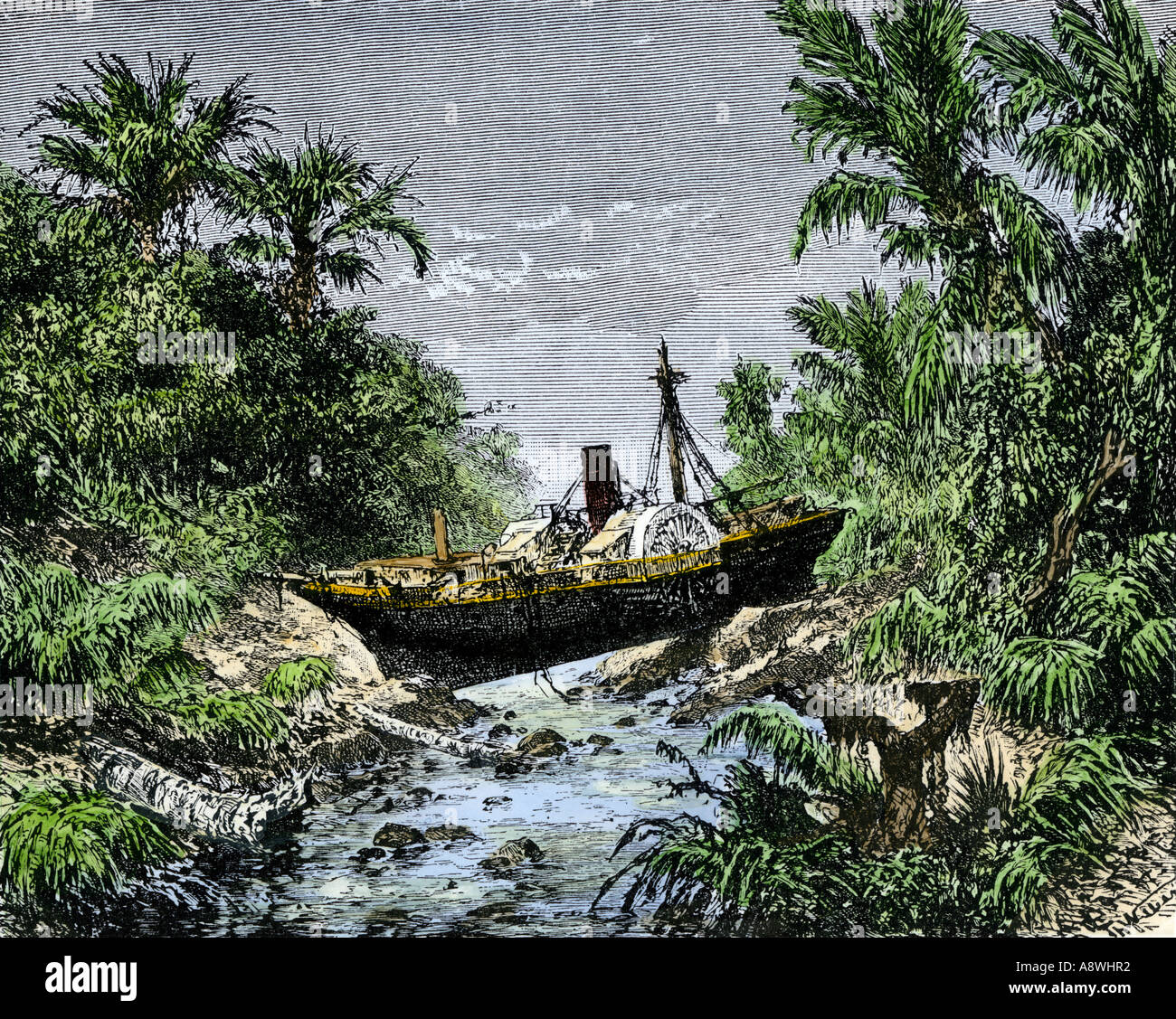 Oceangoing steamship lifted inland in Sumatra by the tsunami following the eruption of the Krakatoa volcano in 1883. Hand-colored woodcut Stock Photo