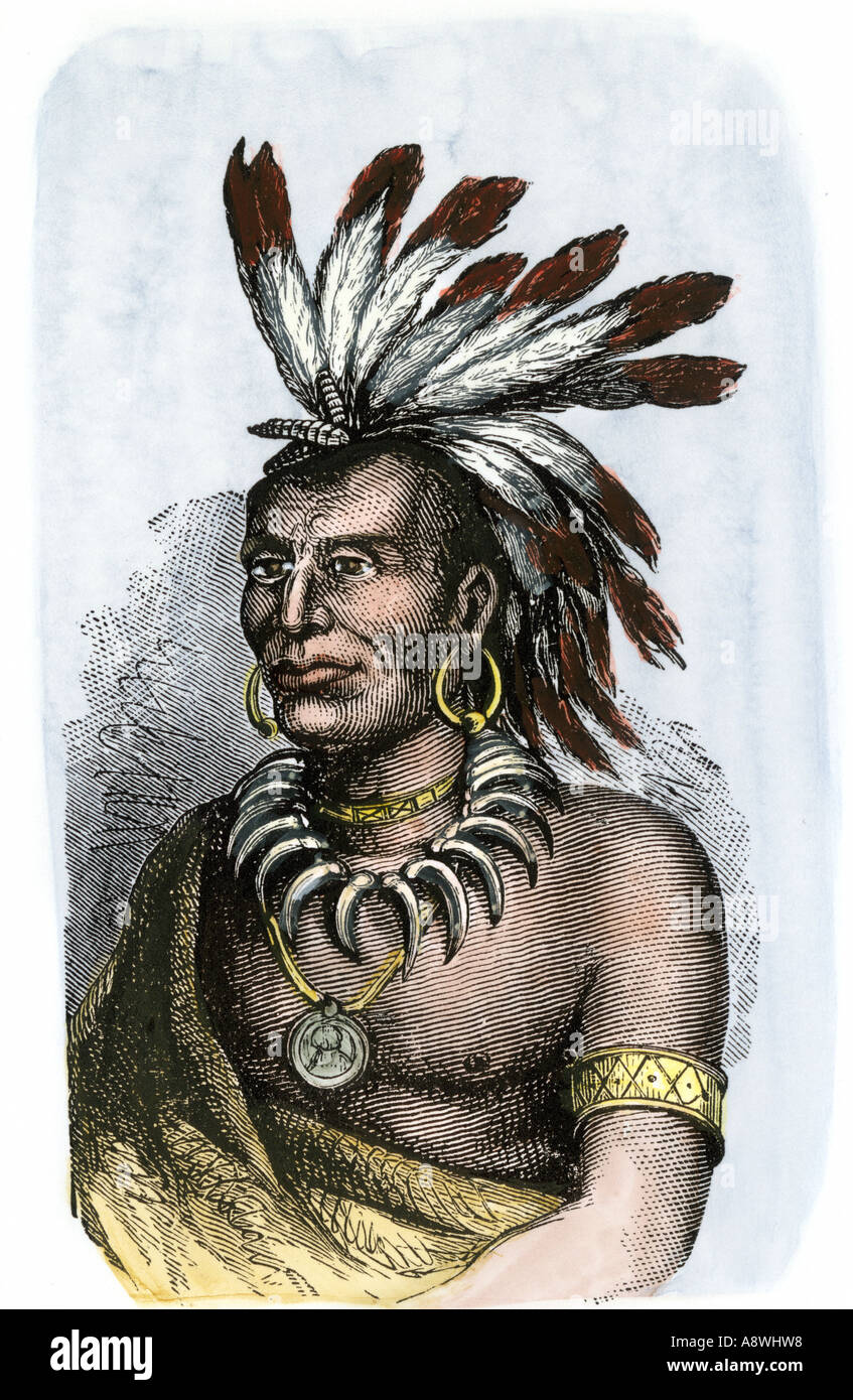 Native American Chief Little Turtle of the Miami tribe. Hand-colored woodcut Stock Photo