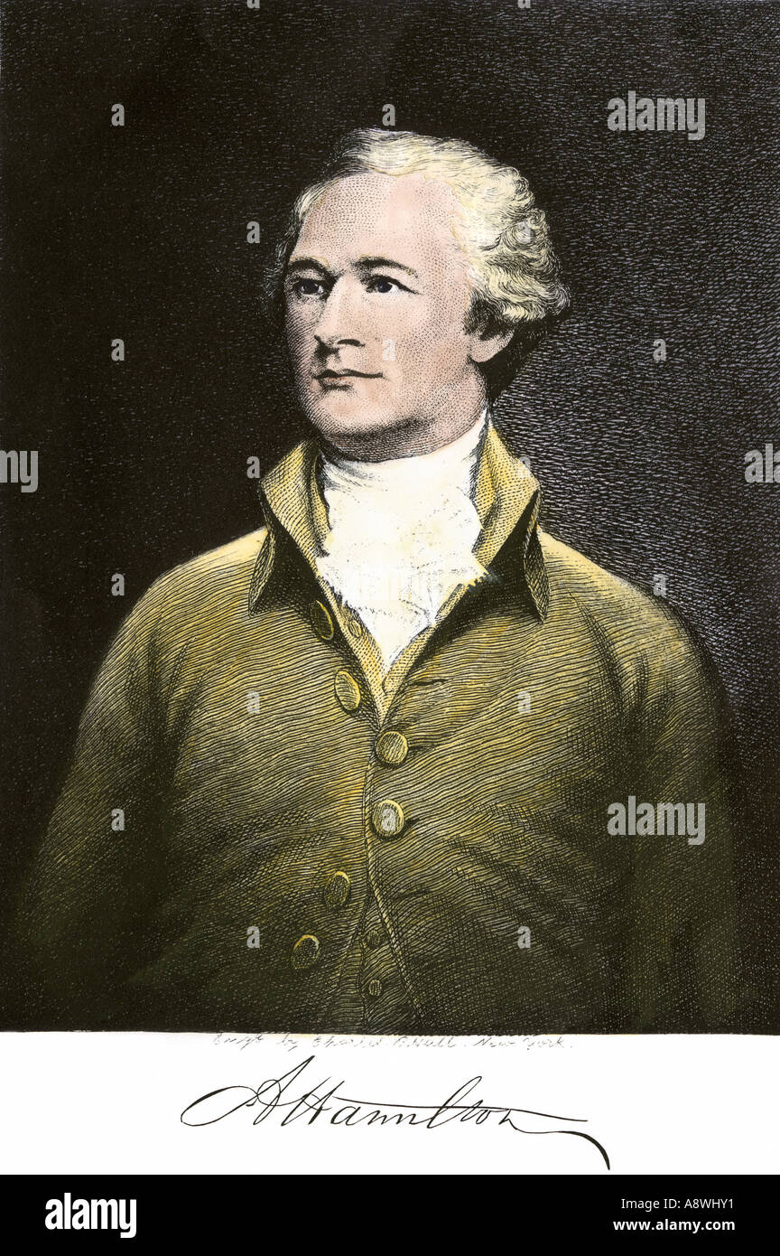 Alexander Hamilton with his autograph. Hand-colored woodcut Stock Photo