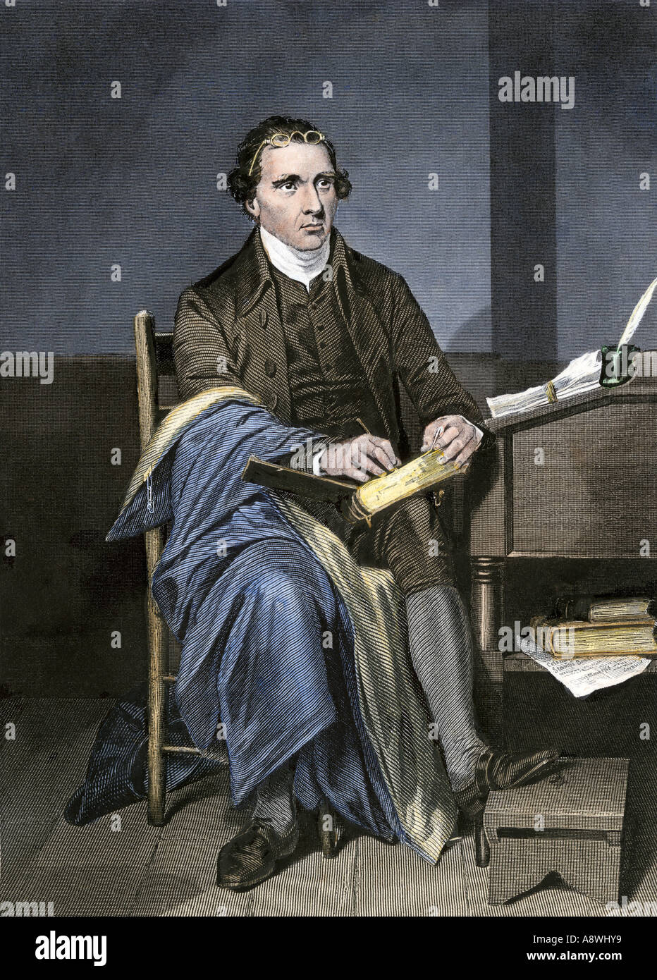 Patrick Henry writing. Handcolored steel engraving of an Alonzo