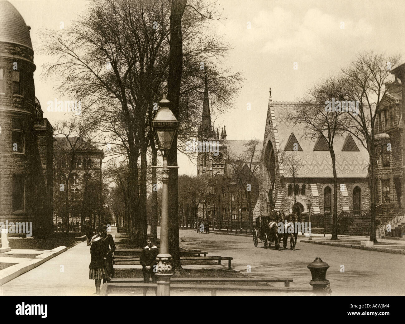 Dearborn Avenue in Chicago 1890s showing the Newberry Library left and Unity Church and New England Congregational Church right. Photogravure Stock Photo