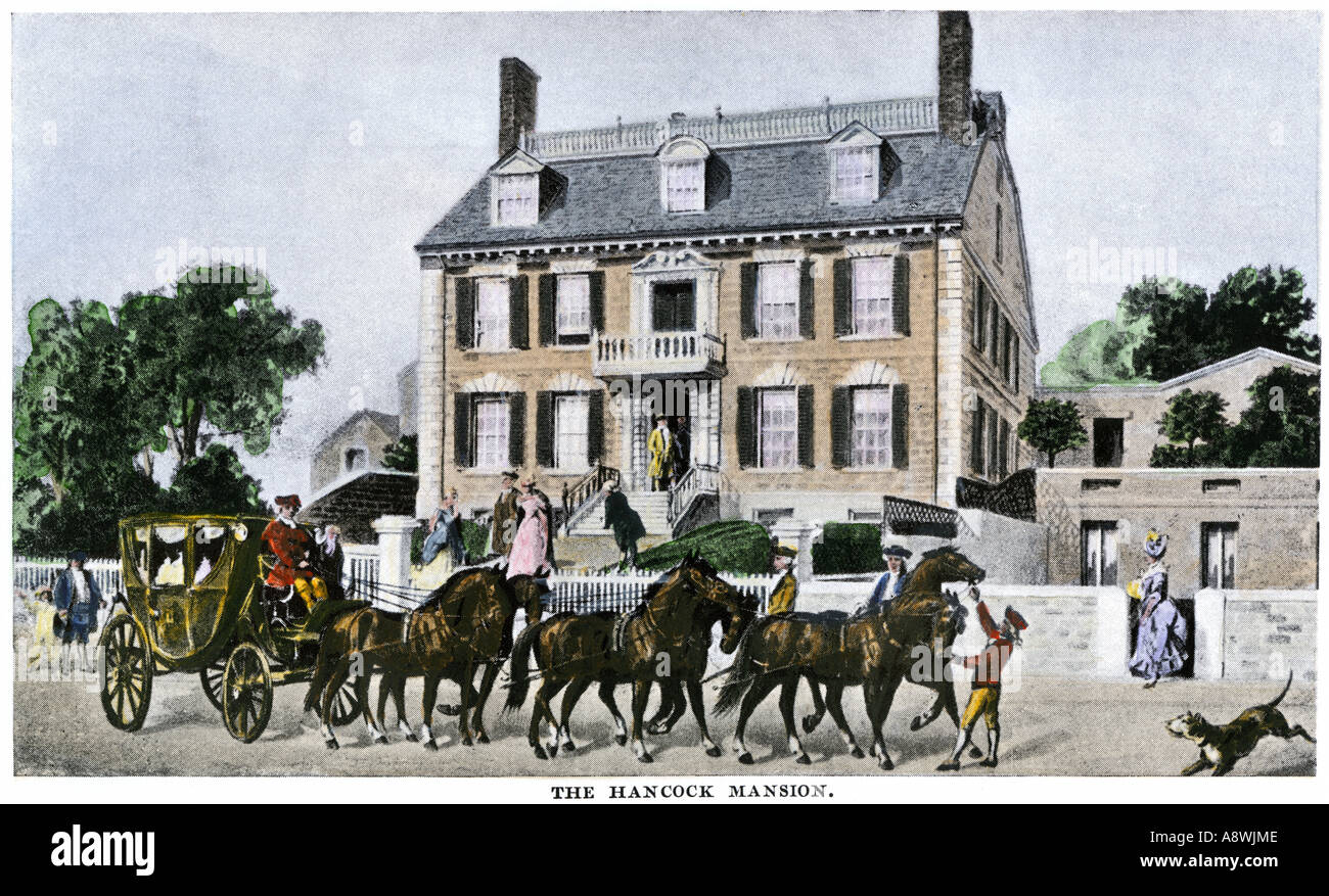 Horsedrawn carriage in front of John Hancock mansion on Beacon Hill Boston 1700s. Hand-colored halftone of an illustration Stock Photo