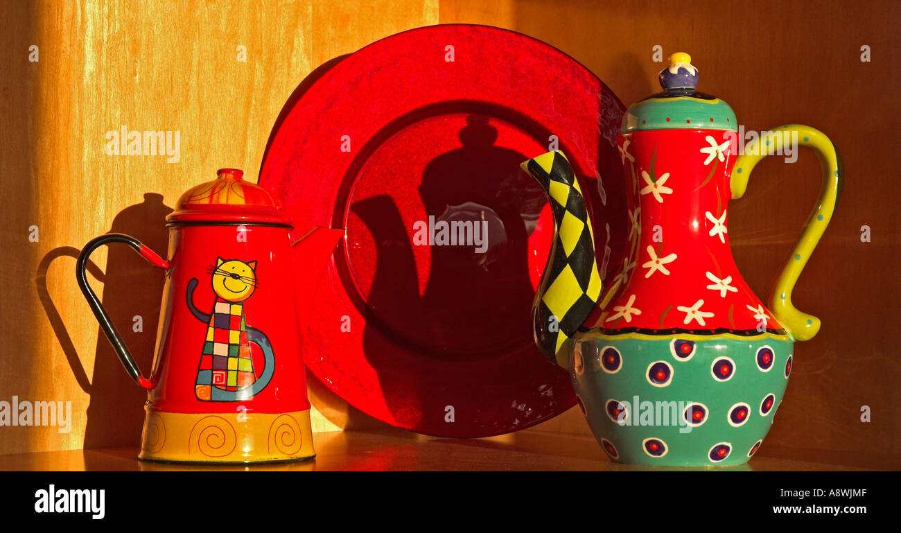 A decorative display of teapot coffee pot and plate Stock Photo Alamy