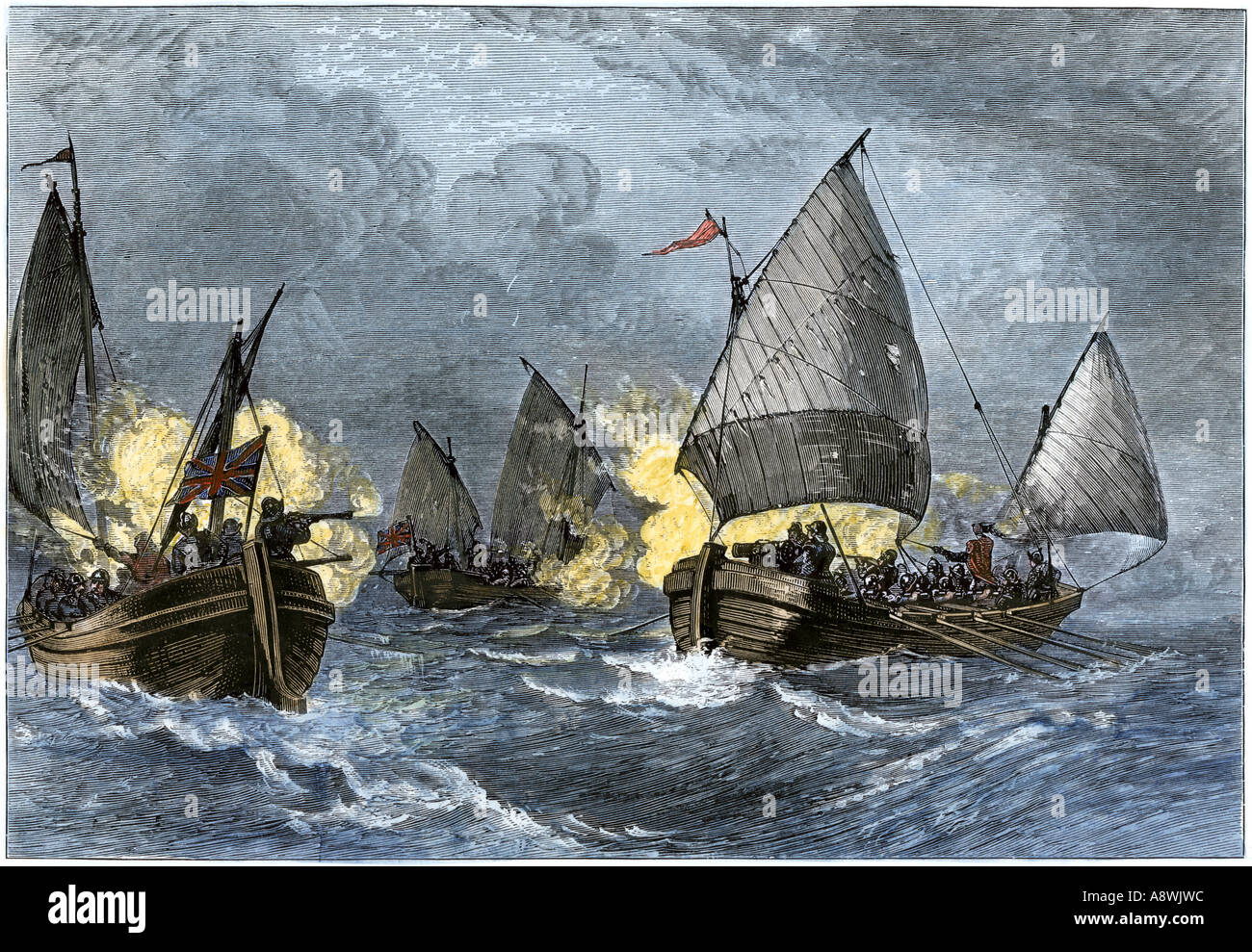 Battle of Pocomoke Sound between Wm Clayborne and Lord Baltimore the first naval conflict on Chesepeake Bay 1630s. Hand-colored woodcut Stock Photo