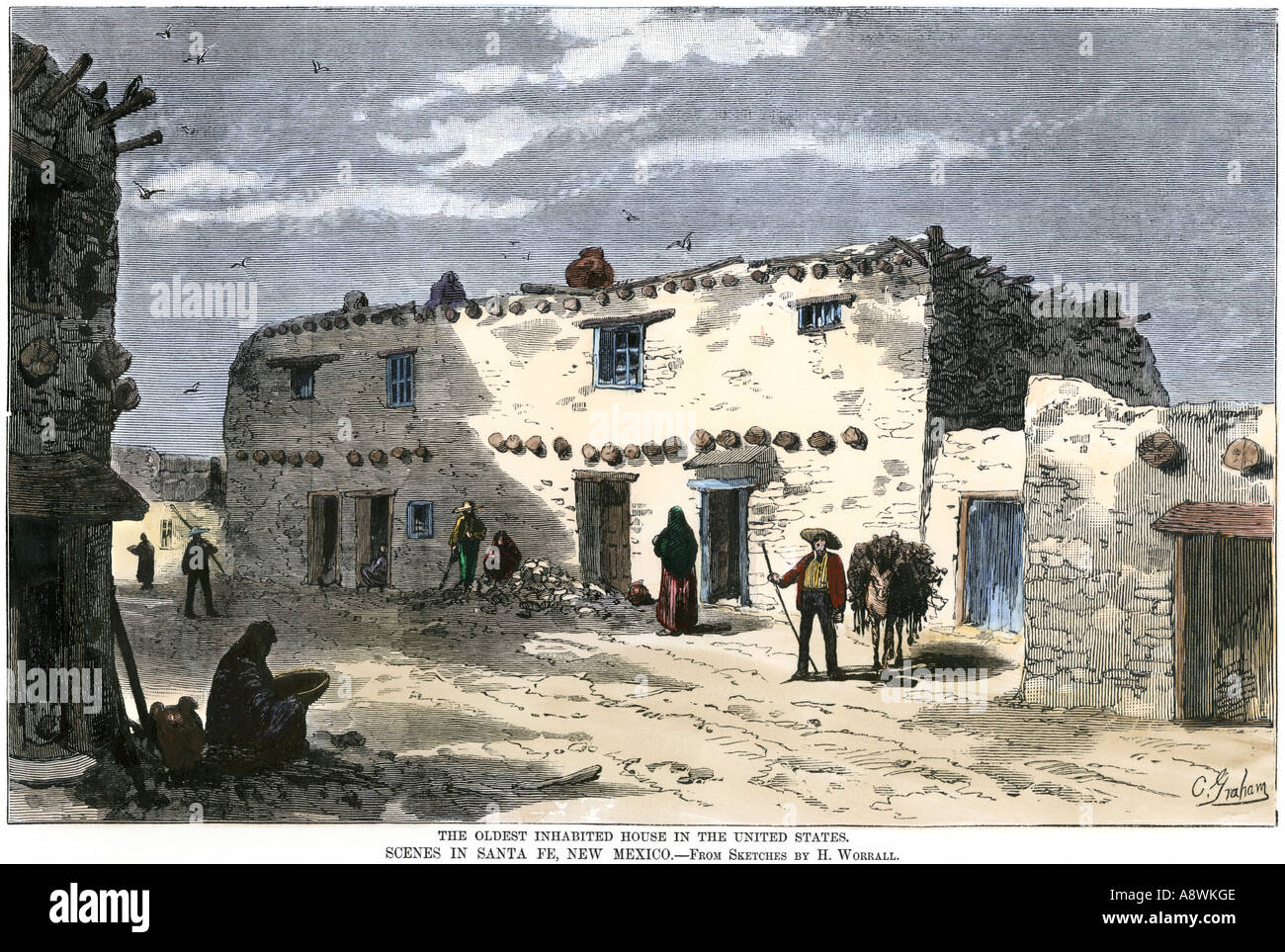 Oldest house in the US in Santa Fe New Mexico, view in the 1800s Stock