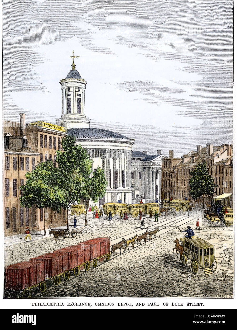 Philadelphia Exchange and the omnibus depot and part of Dock Street 1850s. Hand-colored woodcut Stock Photo