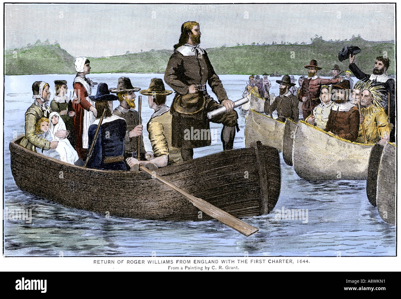 Return of Roger Williams from England with the Rhode Island colonial charter 1644. Hand-colored woodcut Stock Photo