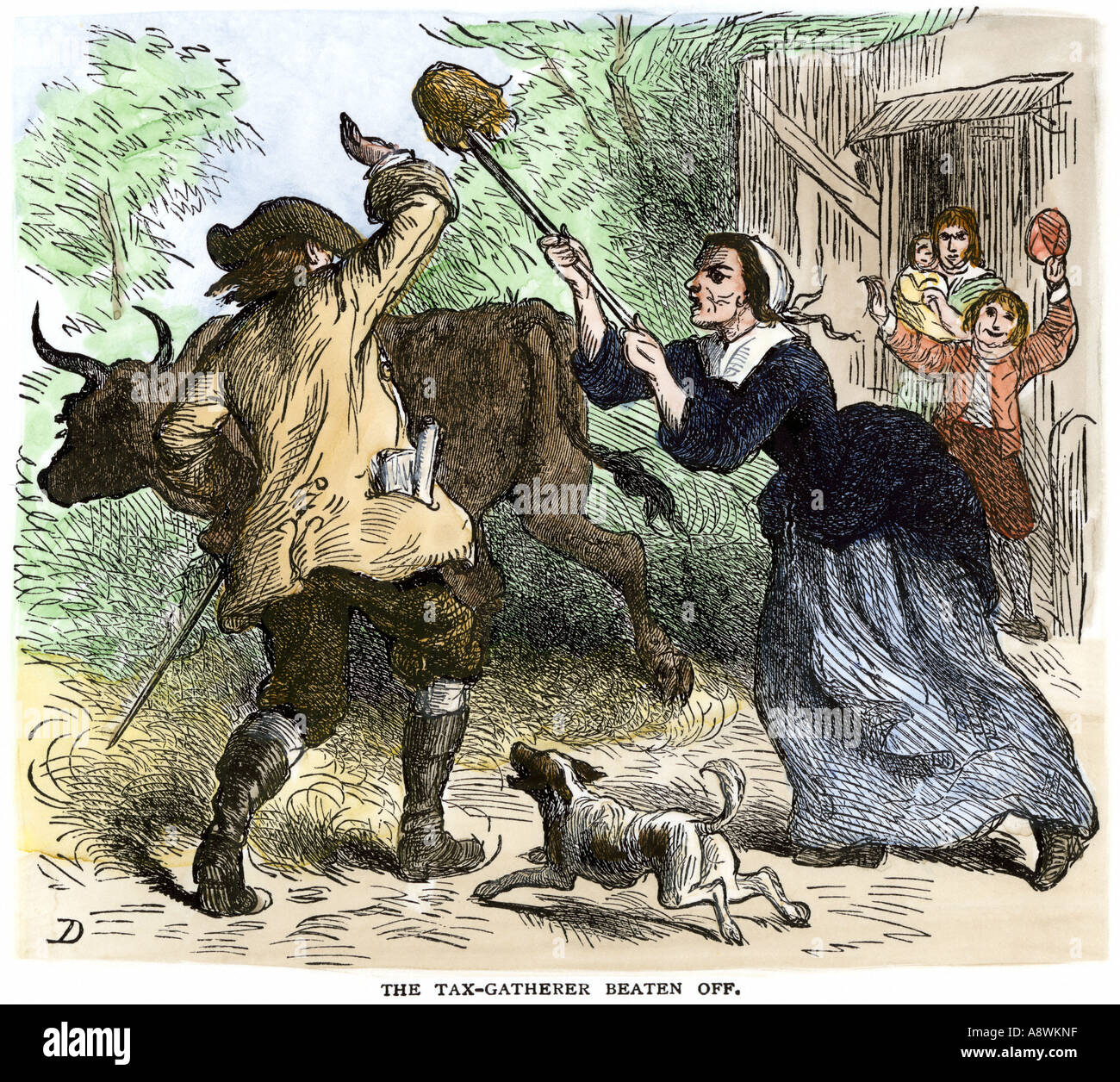 Tax collector beaten off by Carolina colonists 1700s. Hand-colored woodcut Stock Photo