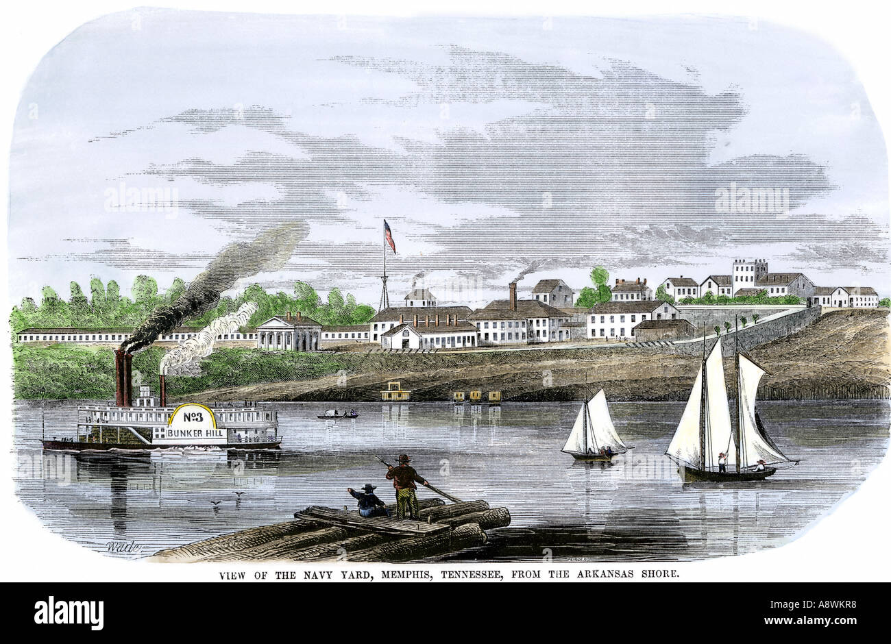 US Navy Yard in Memphis Tennessee viewed from the Arkansas shore of the Mississippi River 1850s. Hand-colored woodcut Stock Photo