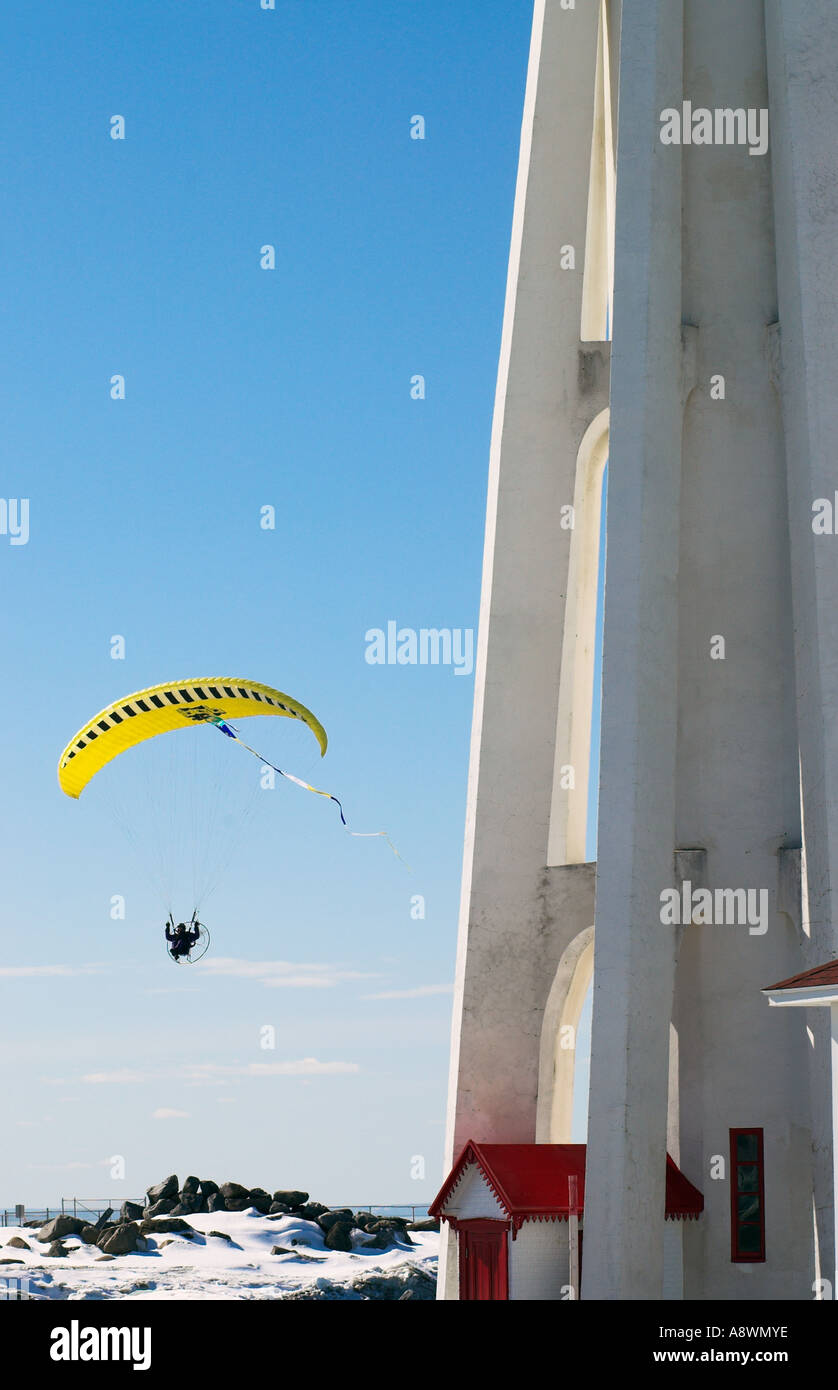 A microlight passes the lighthouse at Father Point at Rimouski Quebec Stock Photo Alamy