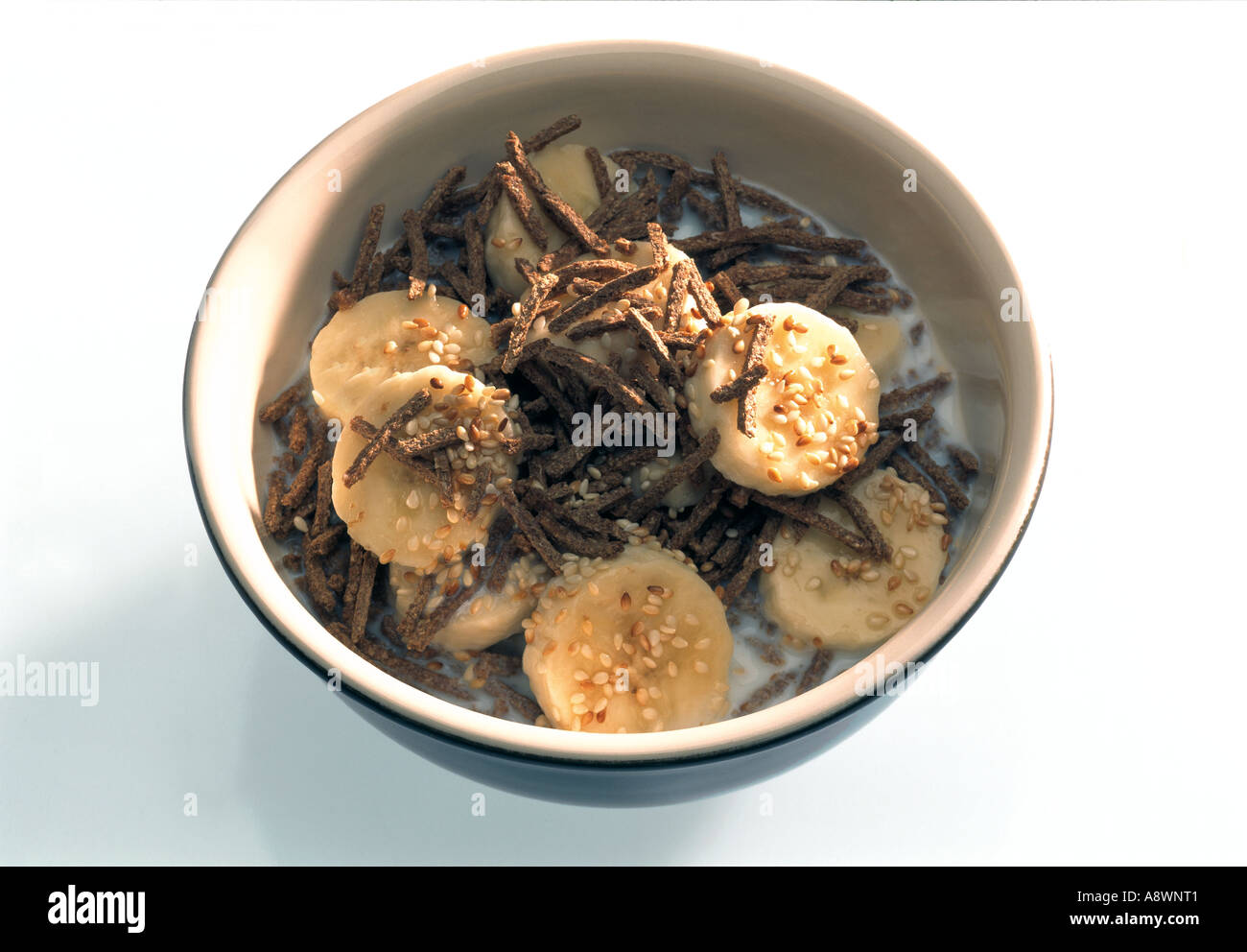 High Fibre breakfast all bran and banana with milk Stock Photo