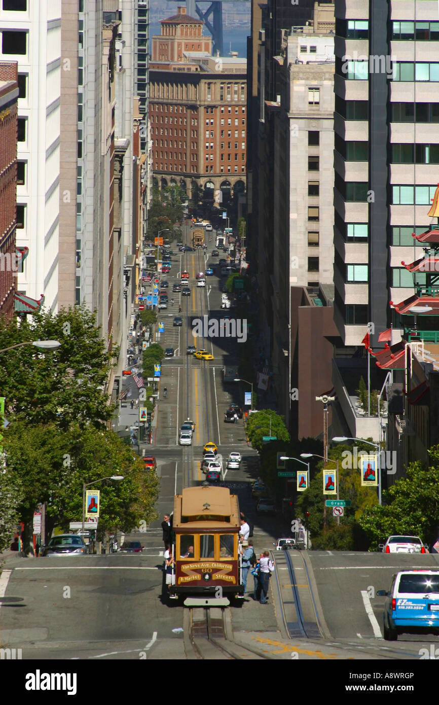 A San Francisco Cable Car traverses Nob Hill on the California line. Stock Photo