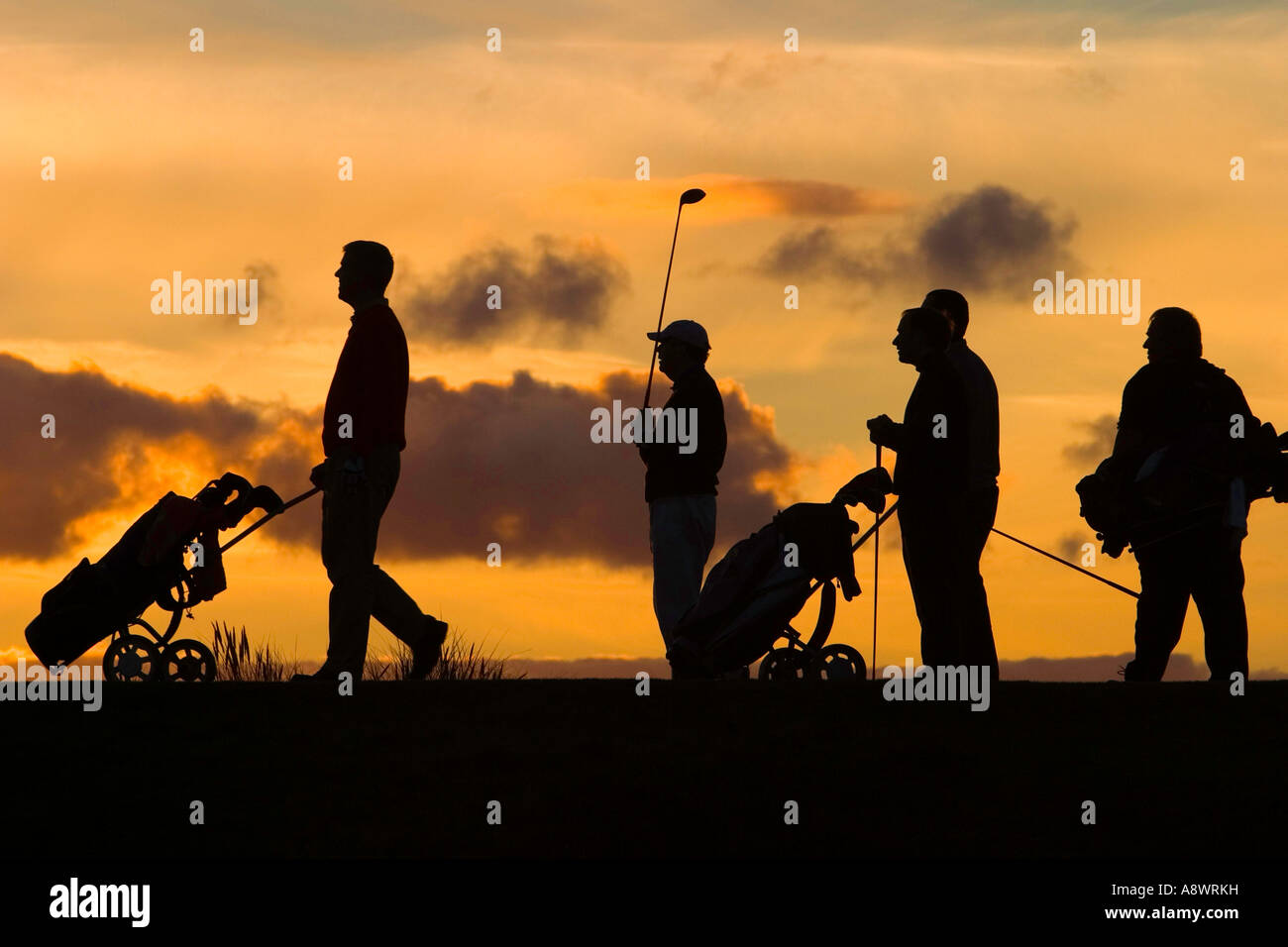 The last hole of the day. Five golfers stand on the last tee in the setting sun. Stock Photo