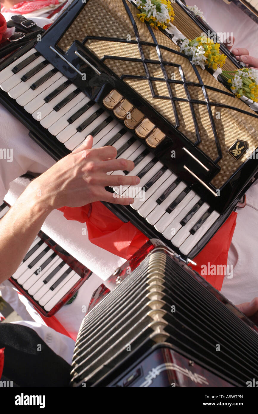 Accordion players Padstow May Day Cornwall UK Stock Photo Alamy