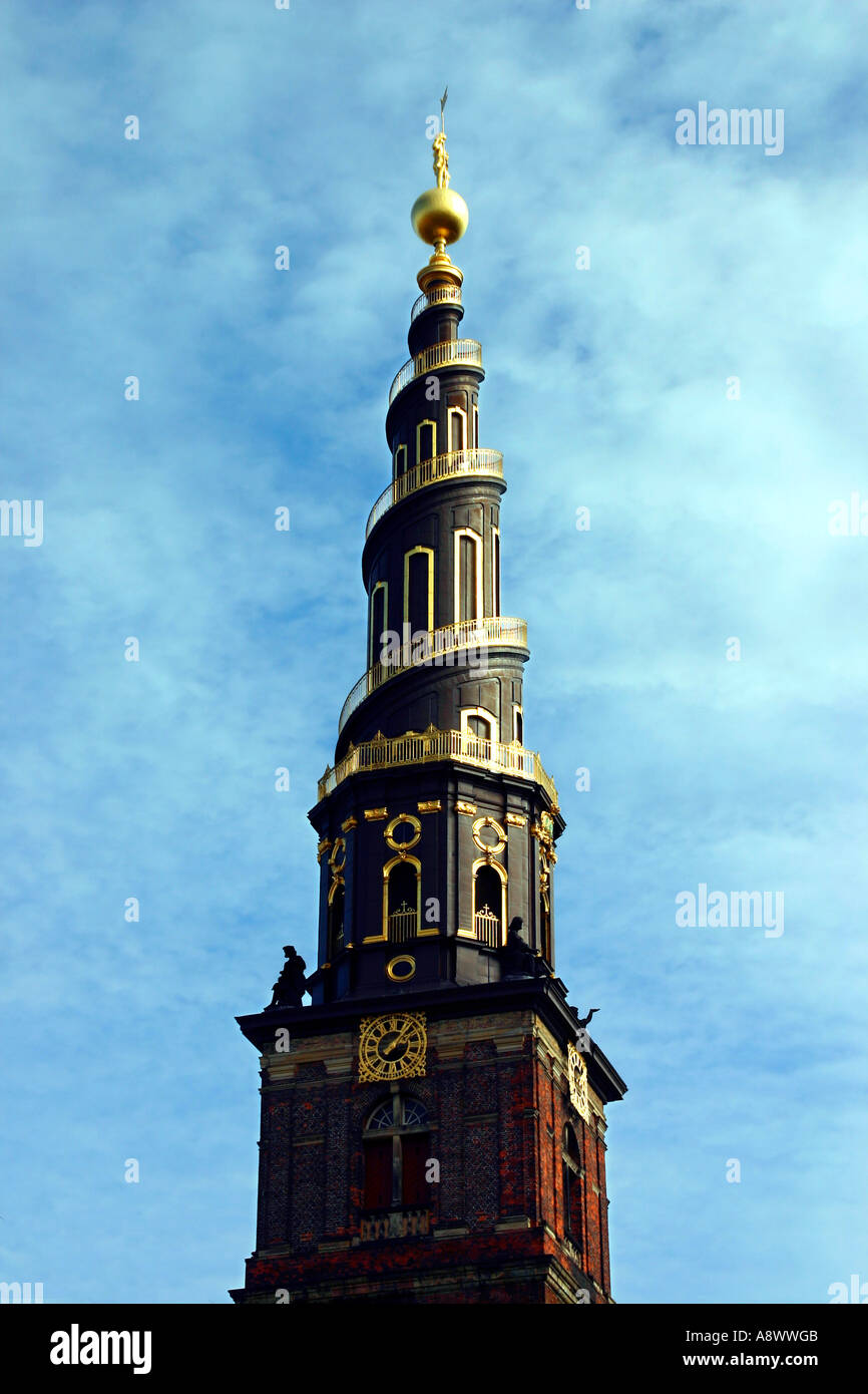 The spire of Vor Freisers Kirke The Church of Our Savior in Sankt Annaegade  Copenhagen Denmark Stock Photo - Alamy