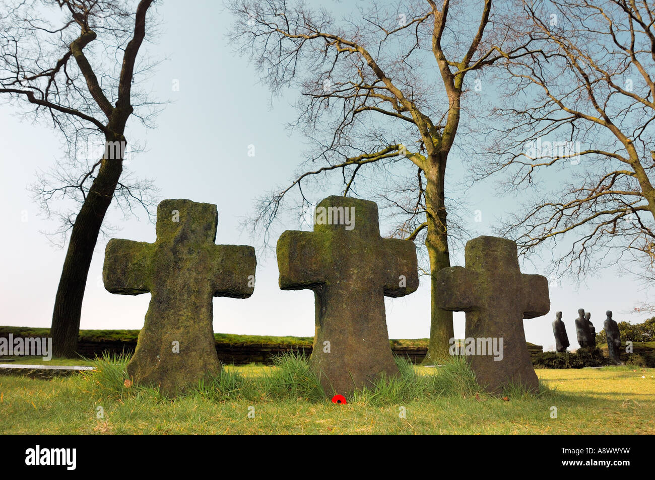 The graves of German soldiers at the Langemark Military cemetery, with a poppy against one of them. Statues in the background Stock Photo