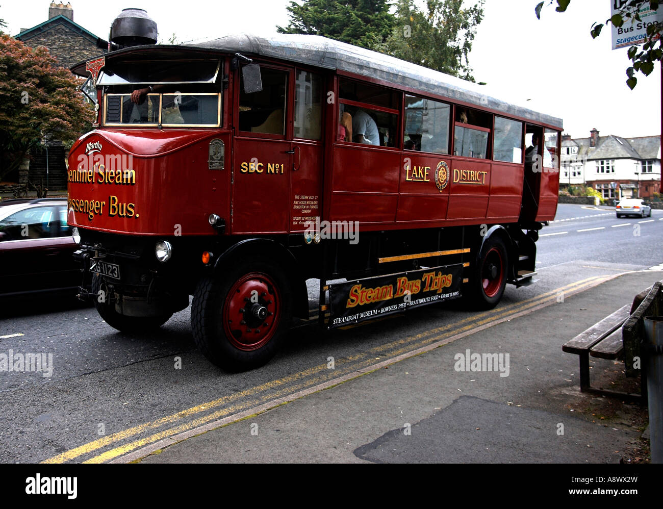 BownessonWindermere Cumbria UK Coal fired steam bus Martha on its