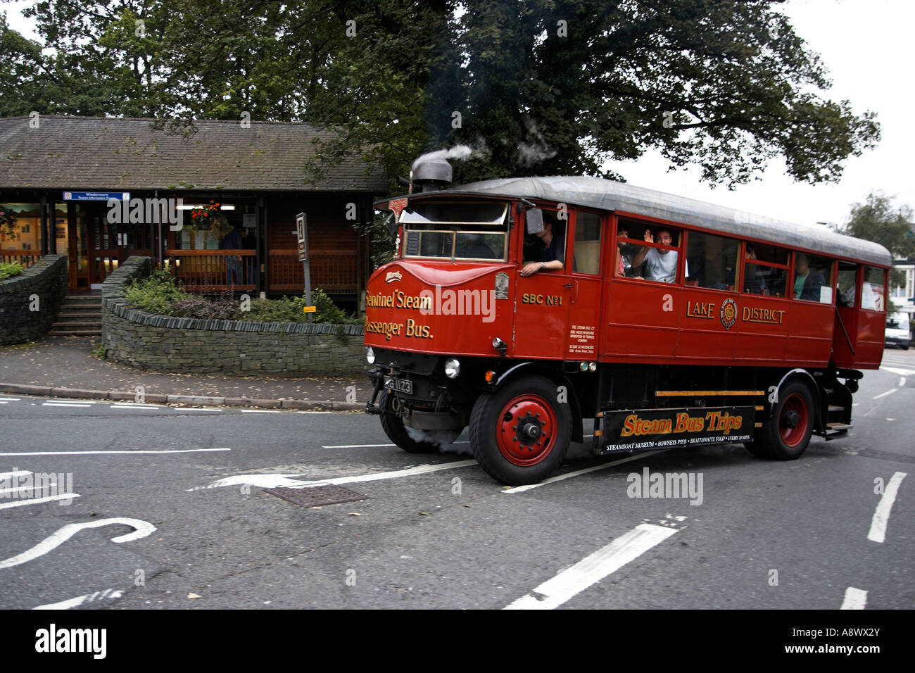 BownessonWindermere Cumbria UK Coal fired steam bus Martha on its