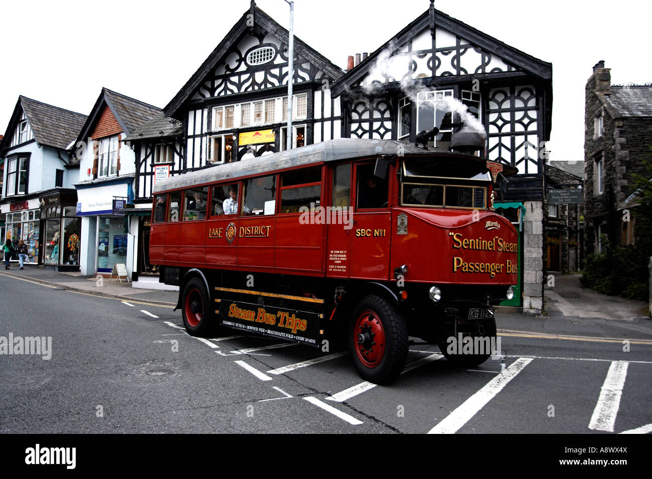BownessonWindermere Cumbria UK Coal fired steam bus Martha on its
