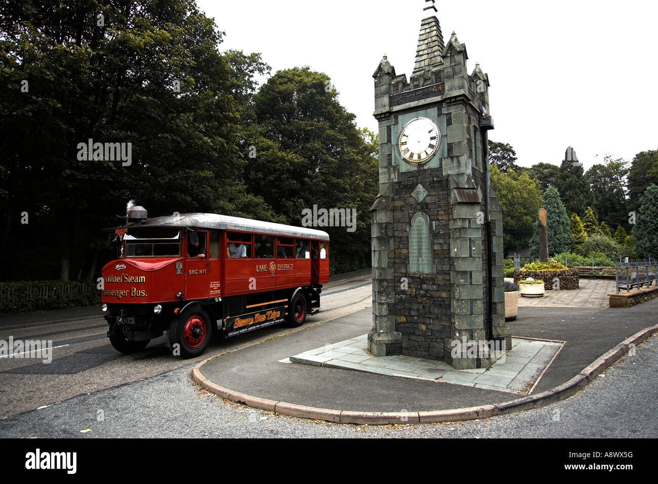 BownessonWindermere Cumbria UK Coal fired steam bus Martha on its