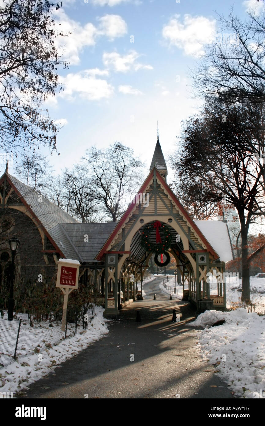 Dairy Visitor's Centre. Central Park. New York city. Winter snow. Blue