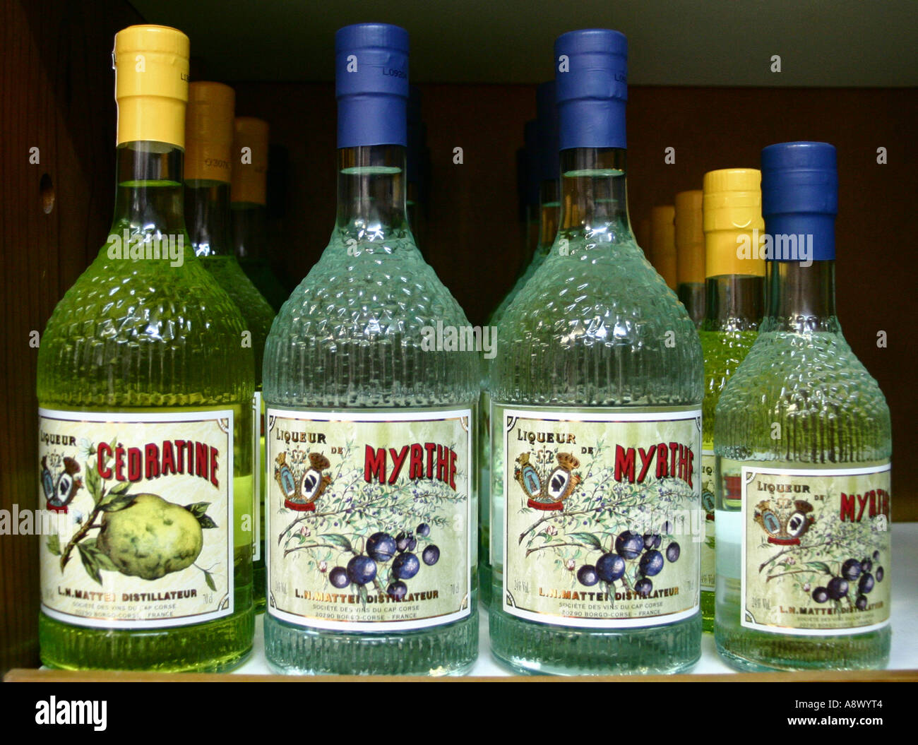 Myrthe and Cedratine liqueurs for sale in a shop Corte Haute Corse Corsica Stock Photo