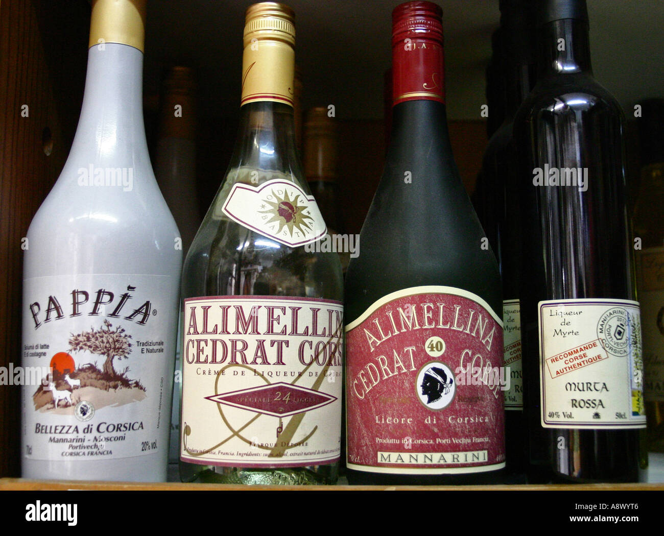 Myrthe and Cedratine liqueurs for sale in a shop Corte Haute Corse Corsica Stock Photo