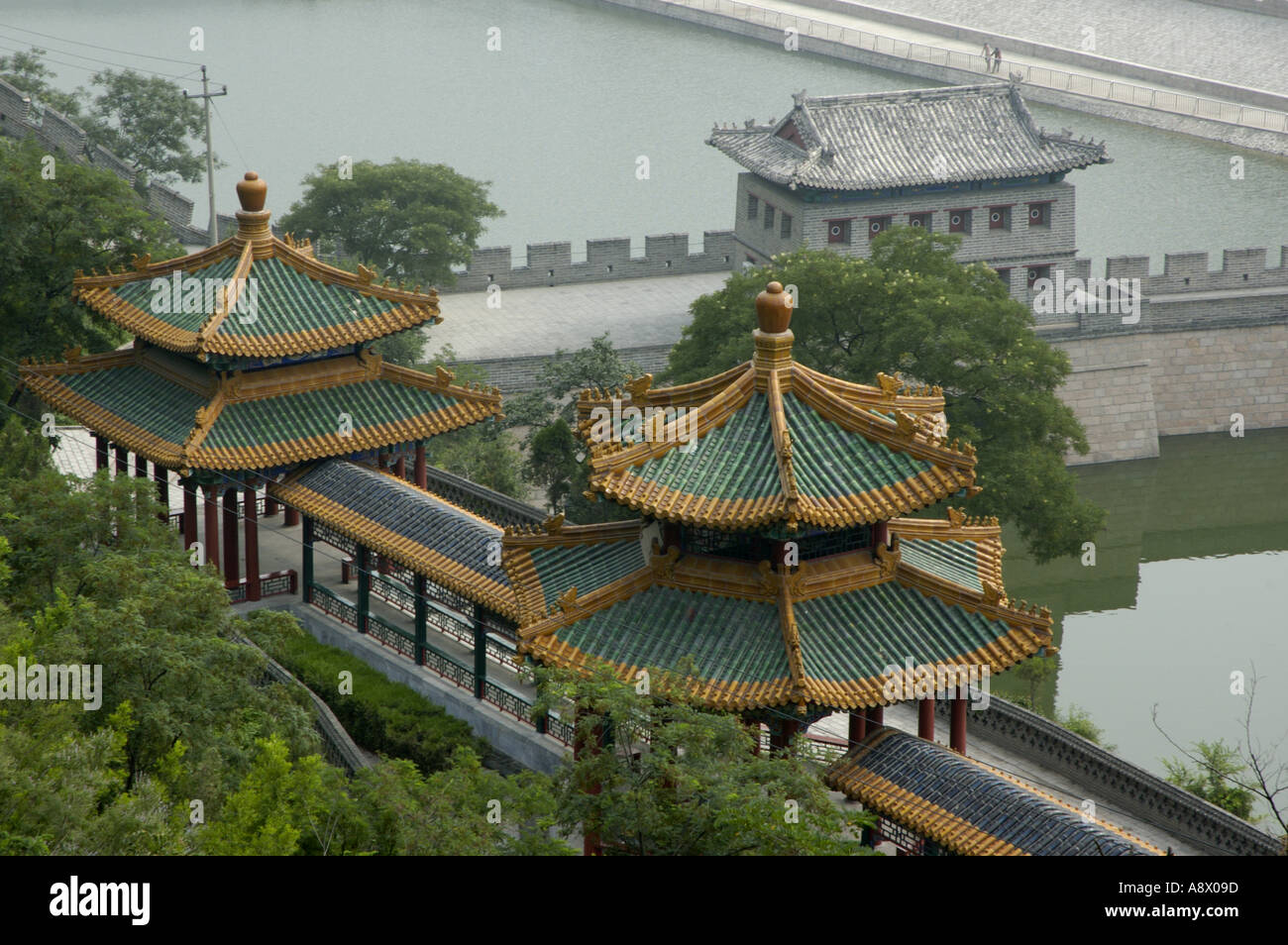Pavilions overlooking a river on the Great Wall at Juyongguan Gate near Badaling, China. Stock Photo