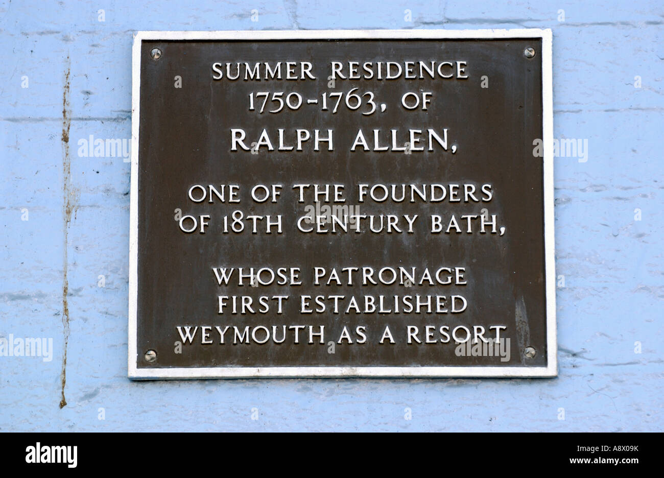 Plaque on house of Ralph Allen one of the founders of Georgian Bath in Weymouth Dorset England UK Stock Photo