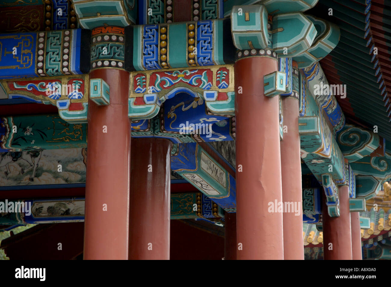 Ornate and decorative columns and pavilions on the Great Wall, Juyongguan Gate near Badaling, China. Stock Photo