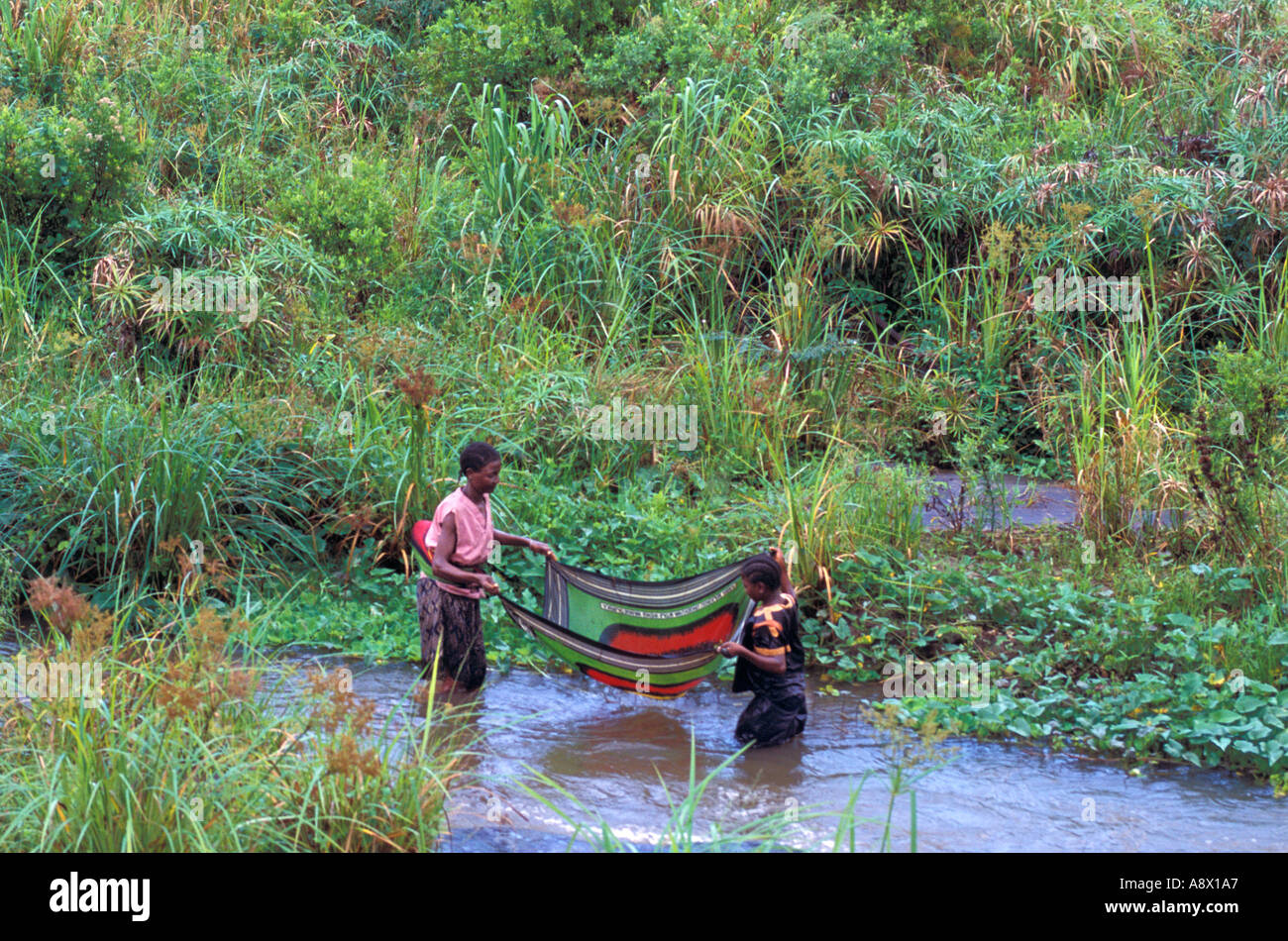 AFRICA KENYA Malindi Kenyan mother and daughter use a traditional kanga cloth as a net to capture fish in the river Stock Photo