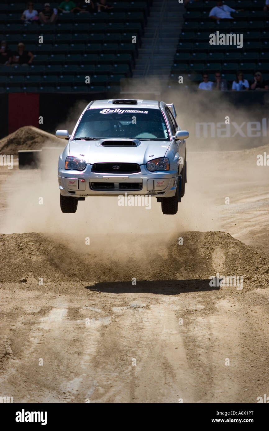 Airborne rally car. Copyright Josiah Gordon Stock Photo Alamy