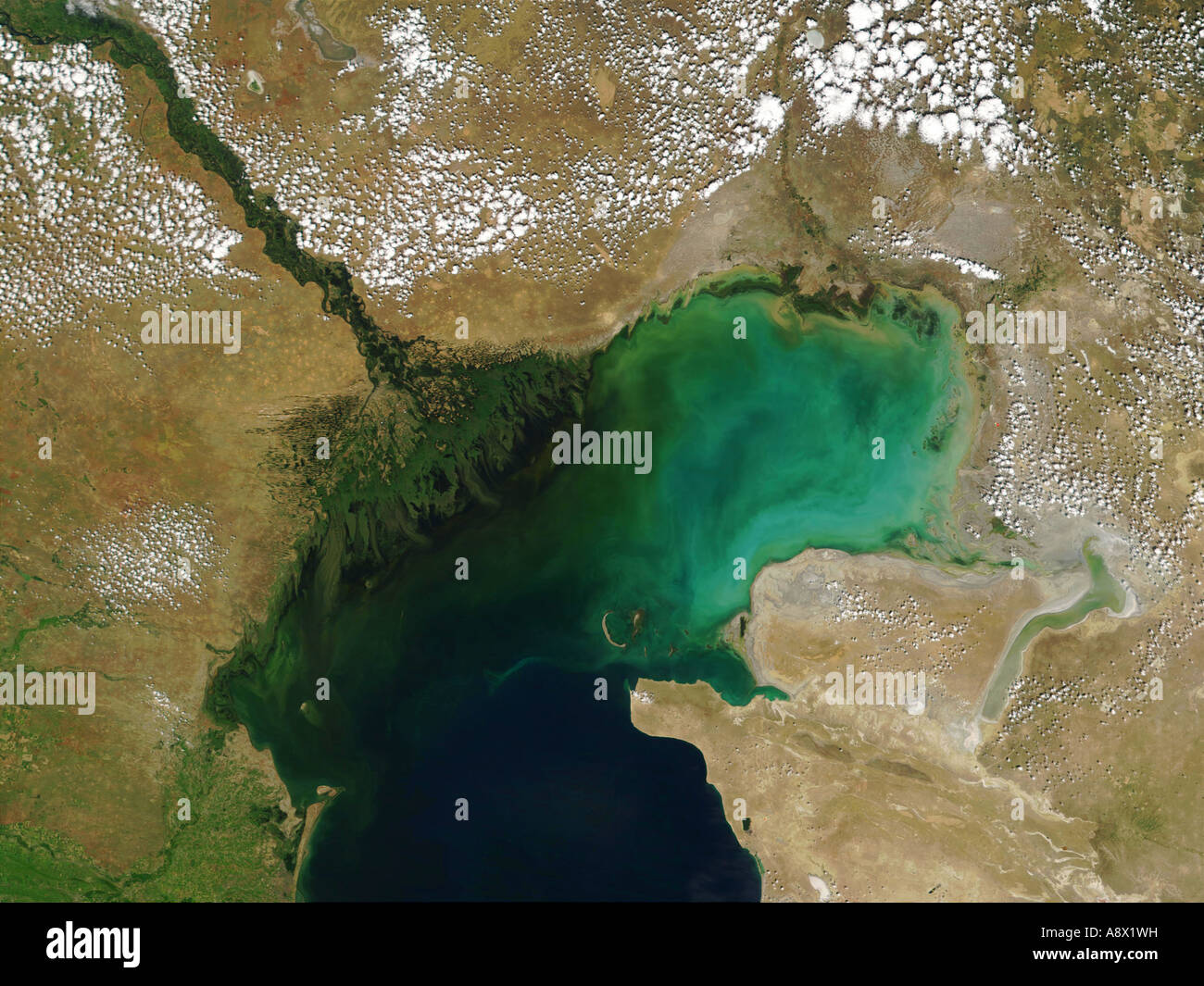 volga river delta and caspian sea viewed from space stock photo alamy