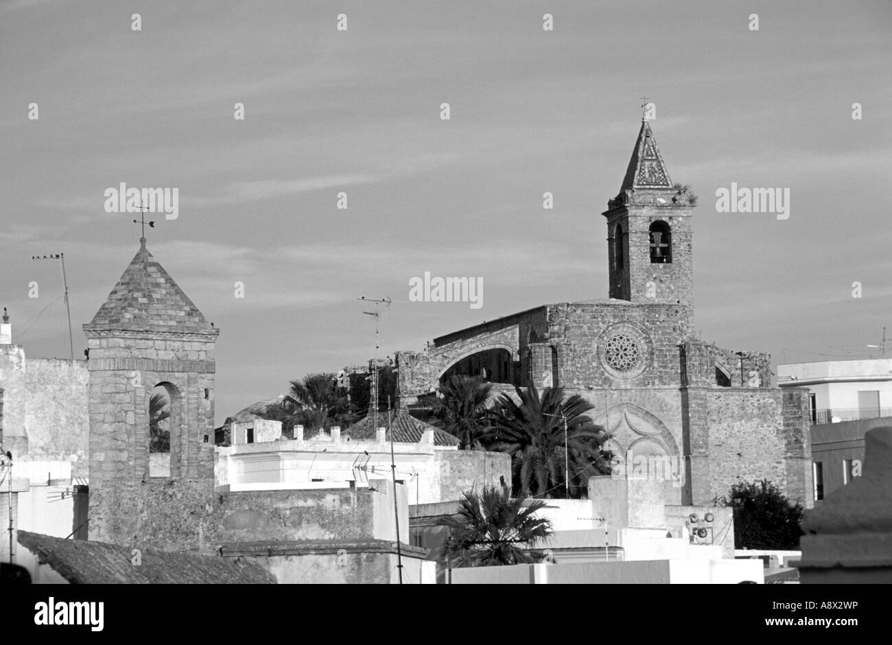 Buildings of Vejer de la Frontera at sunset Andalucia, Cadiz Province, Spain, black and white Stock Photo